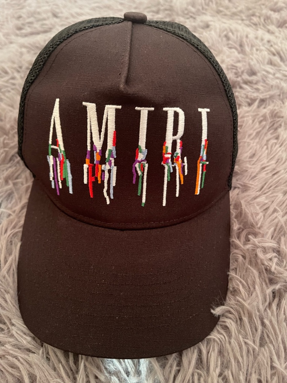 AMIRI Black Mesh Logo Patch Cap with Leather Brim